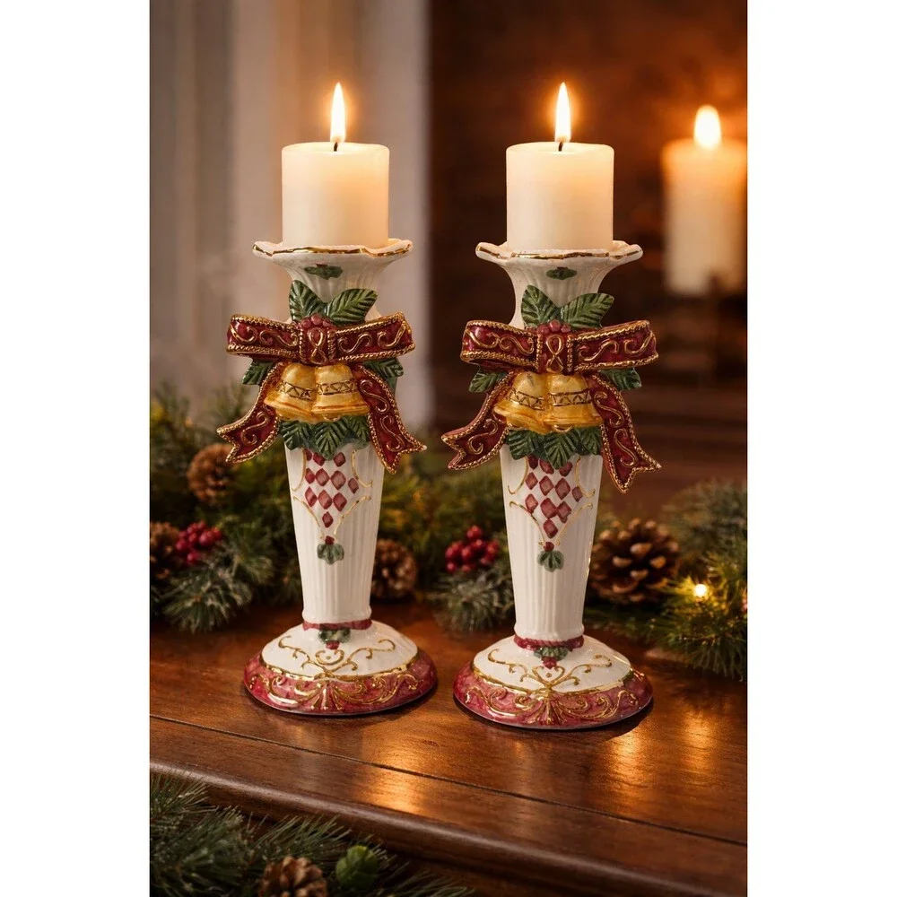 Christmas Set of 2 Decorative Ceramic Candle Holders Bells Bow Gold Trim